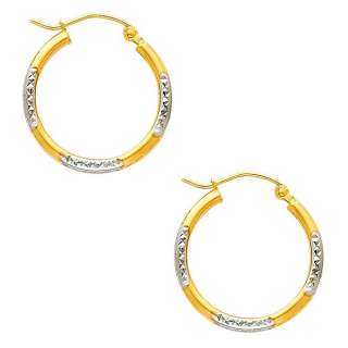   and White 2 Two Tone Gold 1.5mm Thick Diamond Cut Tube Hoop Earrings