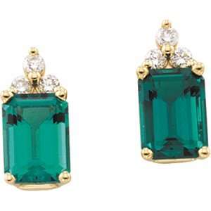 CHATHAM CREATED EMERALD AND DIAMOND EARRINGS 14K Yellow Gold PAIR 1/8 
