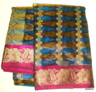 Indian Handloom Weaved Art Silk Multi Color Sari Curtain Drape Fabric