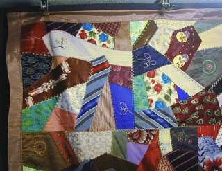 Vintage 1966 NECKTIE CRAZY QUILT 72 x 48 Embroidered Folk Art 