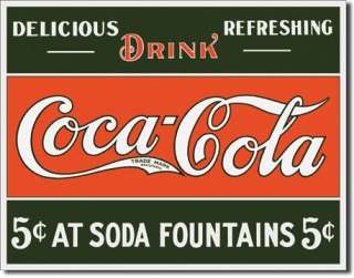 Vintage Coca Cola Tin Sign Coke 5 Cents at Fountain  