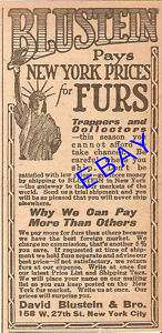 1921 DAVID BLUSTEIN FURS AD NEW YORK PRICES TRAPPER  