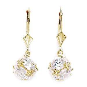 14k Yellow Gold CZ Large Disco Ball Drop Leverback Earrings   Measures 