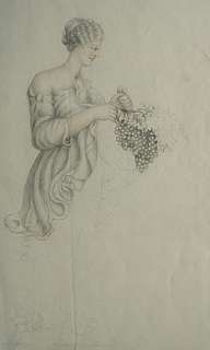 Antique drawing, woman with grapes, England 1800s  