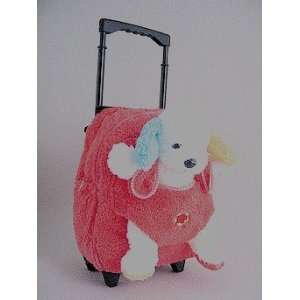 stuffed animal trolley backpack   raspberry with blue and yellow puppy 