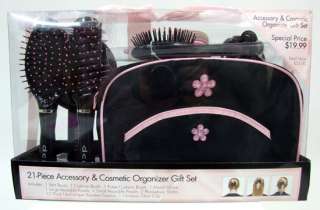 21 Pc Hair Brush Comb Clip Mirror Cosmetic Bag Gift Set  
