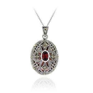 925 Silver Marcasite & Garnet Oval Filigree Locket Necklace  