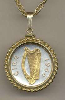 Gold & Silver Irish ½ Penny Harp Necklace in Gold Filled Rope Bezel 