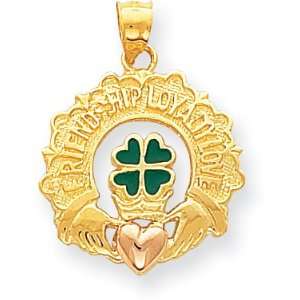   Enameled Claddagh and Four Leaf Clover Charm, 14K Yellow Gold Jewelry