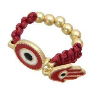 Small Fashion Evil Eye Stretch Ring With With Gold Beads, Red Cord and 