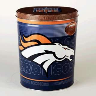 Denver Broncos 3.5 gallon gift tin filled with three premium gourmet 