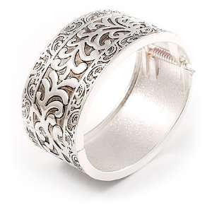  Rhodium Plated Hammered Wide Hinged Bangle Jewelry