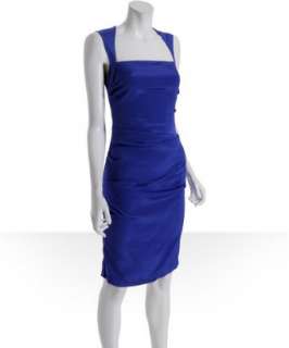 Nicole Miller royal blue stretch silk ruched square neck dress 