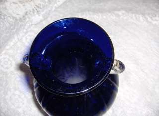   Blown Crystal Art Glass Cobalt Blue Clear Handled Urn Vase  