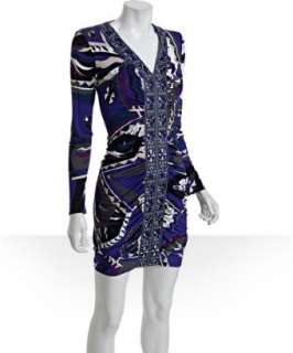 Emilio Pucci blue geometric jersey shirred v neck dress   up 
