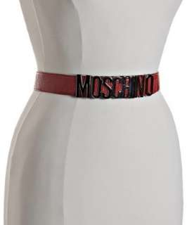 Moschino red textured patent logo belt  