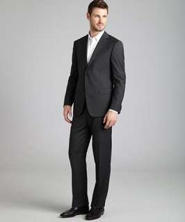 Zegna Z Zegna black sharkskin wool two button suit with flat front 