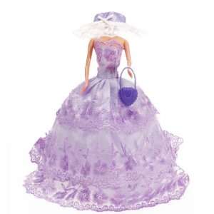  Medium Purple Wedding Dress Gown w/ Hat Handbag for Barbie 