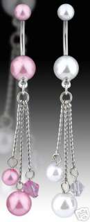 Pc Pink & Clear Pearl & crystal dangle belly rings, very elegant and 