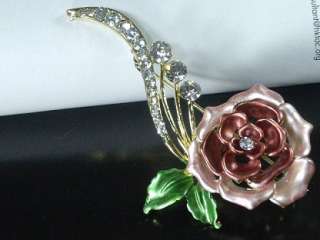 Austrian clear crystal gold plated Brooch pin pink Rose  