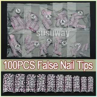 100X Leopard Dots False Pink Acrylic Nail Art Tips HOT New Year Party 