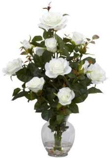   NATURAL Artificial 22 White Rose Bush Silk Flower Arrangement w/ Vase