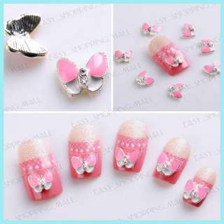 10pcs Pink & White Alloy Rhinestones Butterfly Nail Art Beads Slices 