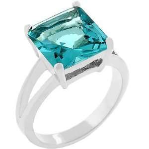  Princess Cut Aquamarine Crystal Solitaire Ring in Rhodium 