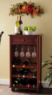 New Rolling Wood Bar Wine Bottle and Glass Cabinet Holder Rack Drawer 