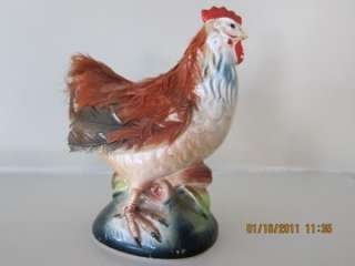 Rooster Figurine Real Feathers Made in Japan 6.25 x 5  