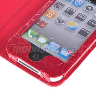 RED CROCODILE LEATHER WALLET CASE POUCH for IPHONE 4G 4S + CARD 