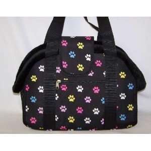   Pet Carrier   Black with Multi Colored Paw Prints   Small Everything