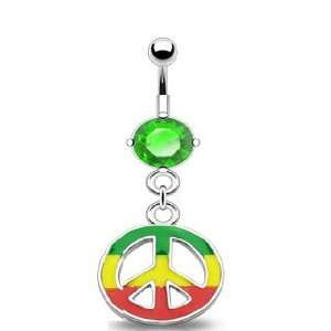   Cz and Rasta Colored Peace Sign Dangle Belly Button Ring 14 Gauge B379