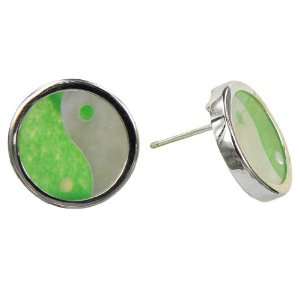   Green Jade and Mother Of Pearl Yin Yang Earrings, 925 Sterling Silver