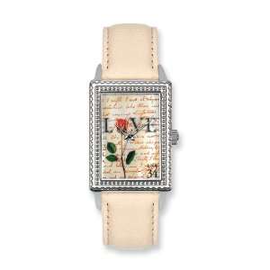    Postage Stamp Love Letters Cream Leather Band Watch Jewelry