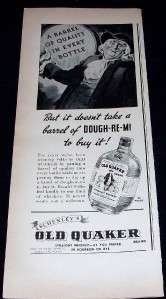 1937 OLD QUAKER STRAIGHT WHISKEY AD BARREL OF QUALITY  