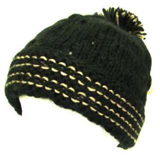Wool Handknit Beanie Pom Pom Ski Winter Knit Hat Black  