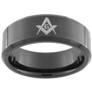 8mm Tungsten Carbide Bevel Ring Masonic Compass & Square 